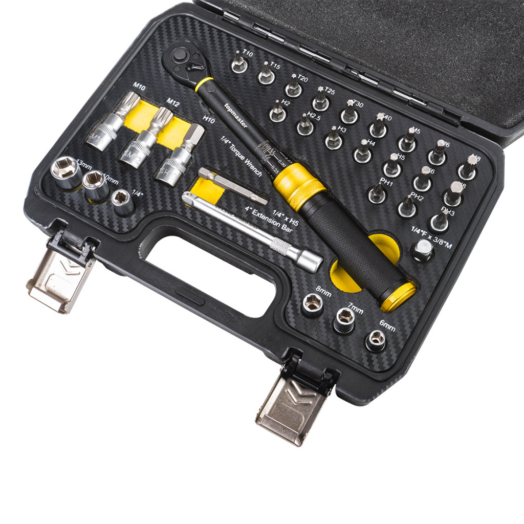 К-кт динамометричен ключ с вложки и удължител 1/4 5-25Nm Topmaster Professional К-кт динамометричен ключ с вложки и удължител 1/4 5-25Nm Topmaster Professional